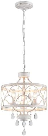 Uiimeces Small Crystal Chandelier, Modern Crystal Chandelier for Dining Room, Rustic Farmhouse White Round Ceiling Pendant Light Fixture for Living Room, Entryway, Hallway, Bedroom, Bathroom
