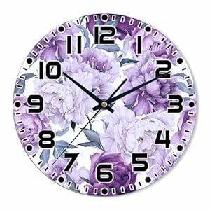 NOMEDOGYIM Purple Flowers Wall Clock Battery Operated Blooming Peony Wall Clock Silent Non Ticking Quality Quartz 10 Inch Round Easy Clock to Read for Home Office 