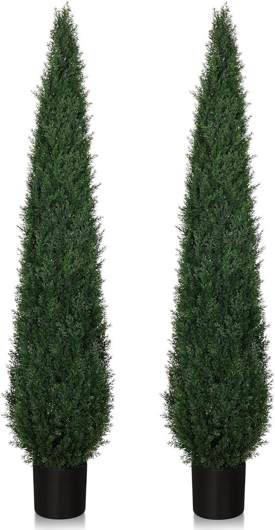 Artificial Cedar Topiary Trees, 6FT Topiary Trees Artificial Outdoor UV Resistant, Realistic Potted Fake Pine Plants Shrubs for Front Porch Home Garden Decor, Set of 2