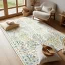 4x6 Feet Area Rug for Living Room Bedroom, Washable Non-Slip Large Rug, Ultra Soft Stain Resistant, Beige Green Distressed Floral Design