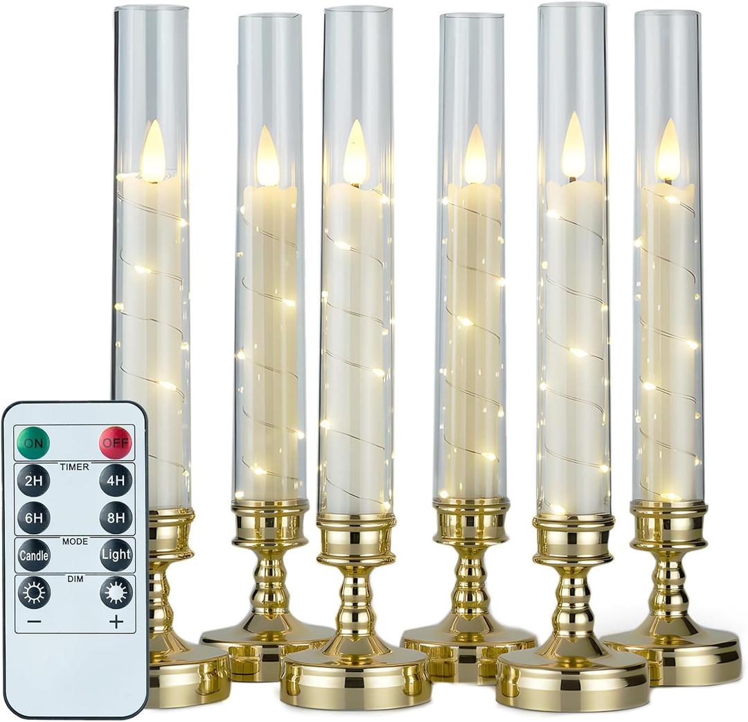 6 PCS Flameless Candles with Timer, Flickering Flameless LED Pillar Candles for Romantic Ambiance with Embedded Star String, Acrylic Battery Perated Fake Candles for Home Decoration (Gold)