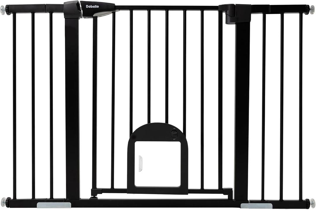 Babelio Upgraded Baby Gate with Cat Door, Auto Close Durable Dog Gate for Stairs, Doorways and House, Easy Walk Thru Safety Gate with Pet Door Includes 4 Wall Cups, 29-48" Wide, 30" Tall, Black