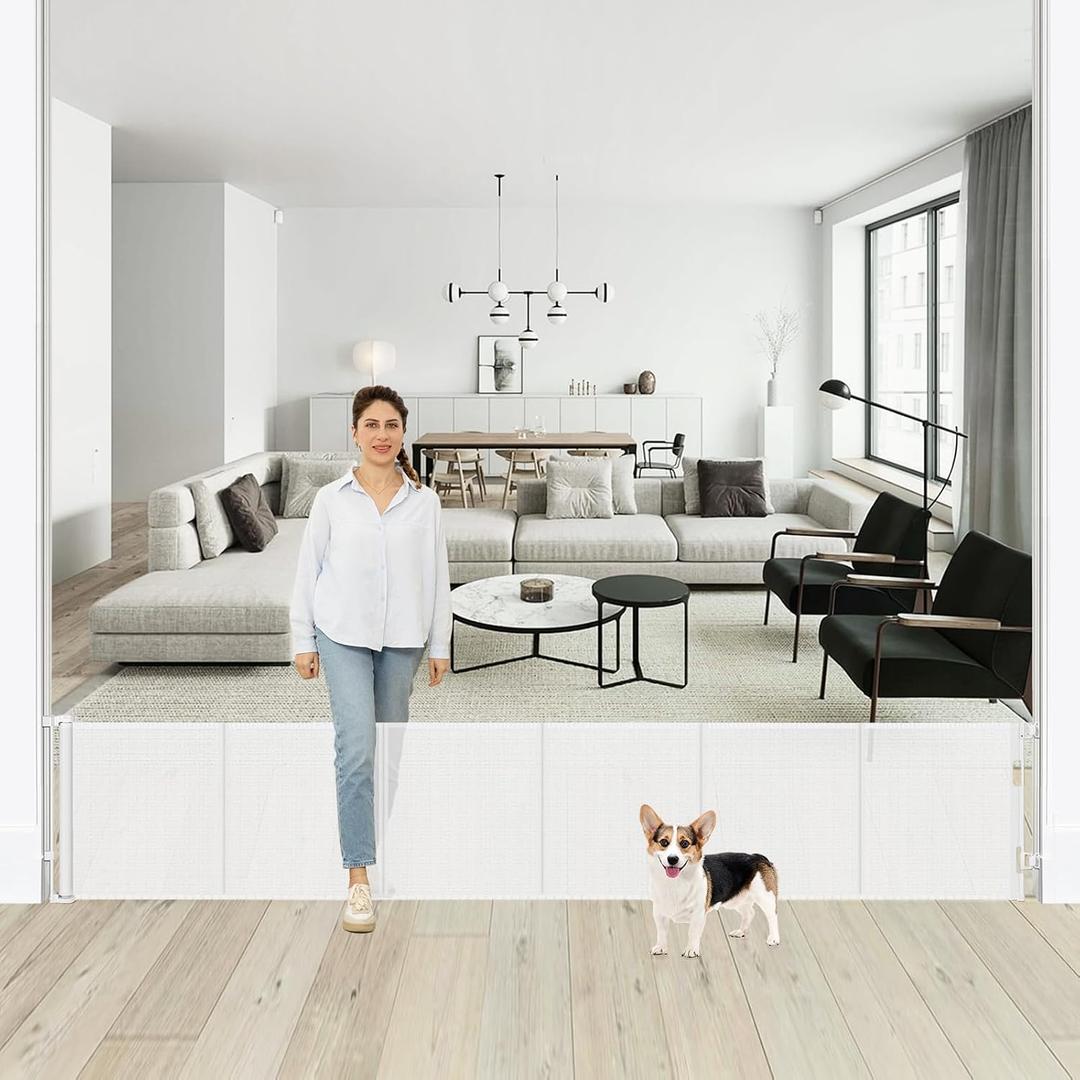 24 Inch Tall x 150 Inch Extra Wide Retractable Dog Gate for The House, Short Baby Gate to Step Over, Reinforced Mesh Puppy Gate for Doorways, Step Over Pet Gate for Stairs, Indoor/Outdoor, White