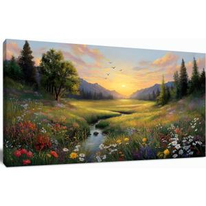 Tarfupth Large Green Landscape Canvas Wall Art for Living Room Sunset Mountain Wildflowers Canvas Prints Nature Scenery Artwork for Bedroom Office Home Decor 20"x40", 20L" x 40W"