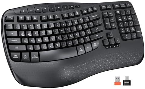 MEETION Wireless Ergonomic Keyboard, Wave Keys Wrist Rest Natural Typing Keyboard, 2.4G Cordless USB A and USB C Adapter, Wireless Computer Keyboard Compatible with Windows/Mac/PC/Laptop, Black