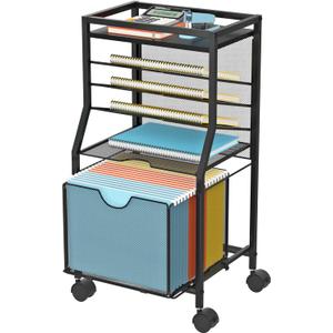 Rolling File Cart, 6-Tier Desk File Organizer on Lockable Wheels, Black Wood Planks & Mesh Sliding Hanging Folder Drawer, Organization Cart for Office Home School