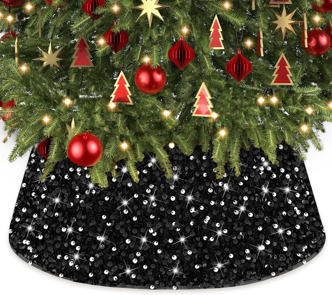 WUPIOS 28.3 Inch Christmas Tree Collars for Artificial Trees Black Tree Collar Sequin Small Thanksgiving Tree Skirt Embroidered Velvet Trees Ring Mermaid Glitter Christmas Tree Basket Base for Outdoor