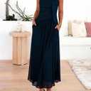 Summer Maxi Dresses for Women 2026 Strapless Ruched Tube Dress with Scarf Beach Vacation Spring Wedding Guest Dress Pockets (Blue, XL)