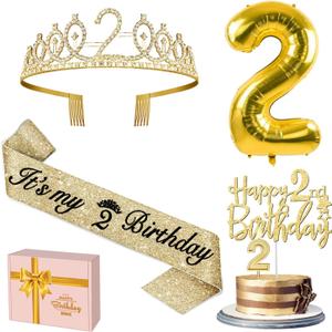 2nd Birthday Decorations for Baby Girls, Including Sash and Crown, Cake Topper and Candle 2, Number Balloon, 2nd Birthday Gifts for Girls