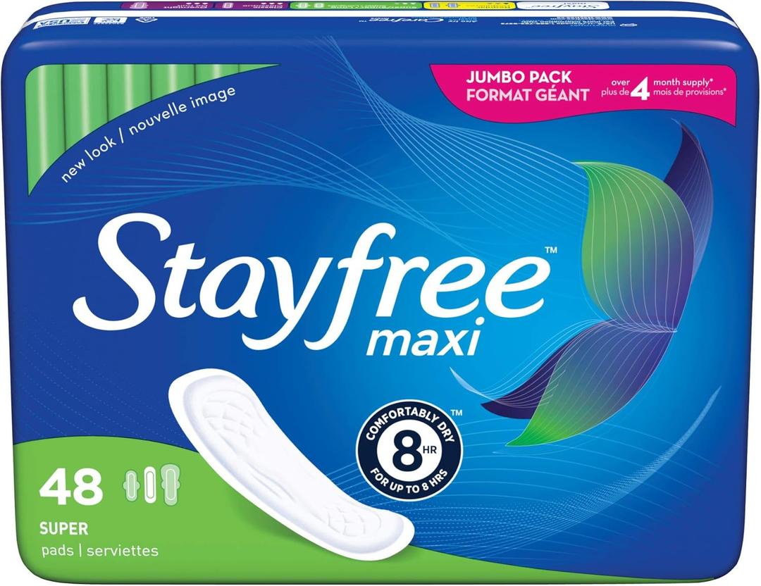Stayfree Maxi Super Long Wingless Reliable Protection and Absorbency Pads For Women, 48 Count (Pack of 1)