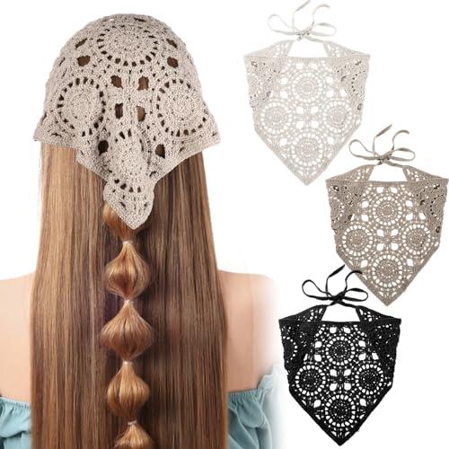 FNANJWQ 3Pcs Crochet Bandanas Headbands Hair Accessories, Triangle Crochet Head Scarf, Hollow Knitted Floral Headscarf Vintage Head Kerchief for Women Girls Decor (Black, Beige, Gray)
