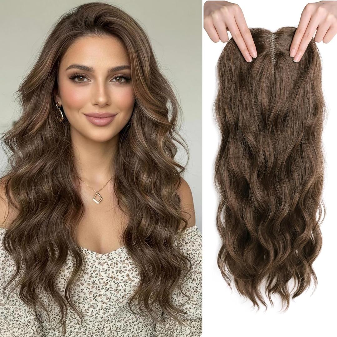 Hair Toppers for Women Thinning Hairs 24 Inch Long Layered Topper Curly Synthetic Wiglets Pieces Hand-Tied Hairline Synthetic Clip on Hair Topper for Women Dark Brown Mix Golden Brown