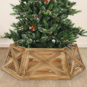 Wooden Christmas Tree Collar, 6 Panels 30'' Hexagon Burned Christmas Tree Base Cover Decor for Artificial Tree,Rustic Farmhouse Tree Skirt Alternative for 4-7.5 ft Tree, Fit 27'' Tree Stand