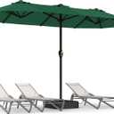 15FT Large Patio Umbrella with Base, Double Sided Rectangular Outdoor Umbrella with Sturdy Fiberglass Ribs, UPF 50+ Sun Protection, Wind-Resistant, Waterproof Fade-Resistant Fabric for Pool, Garden, Backyard, Deck (Dark Green)