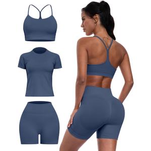 Women 3 Piece Workout Sets Seamless Running Tops Athletic Gym Yoga Short Y Back Sports Bras Outfits, XXL