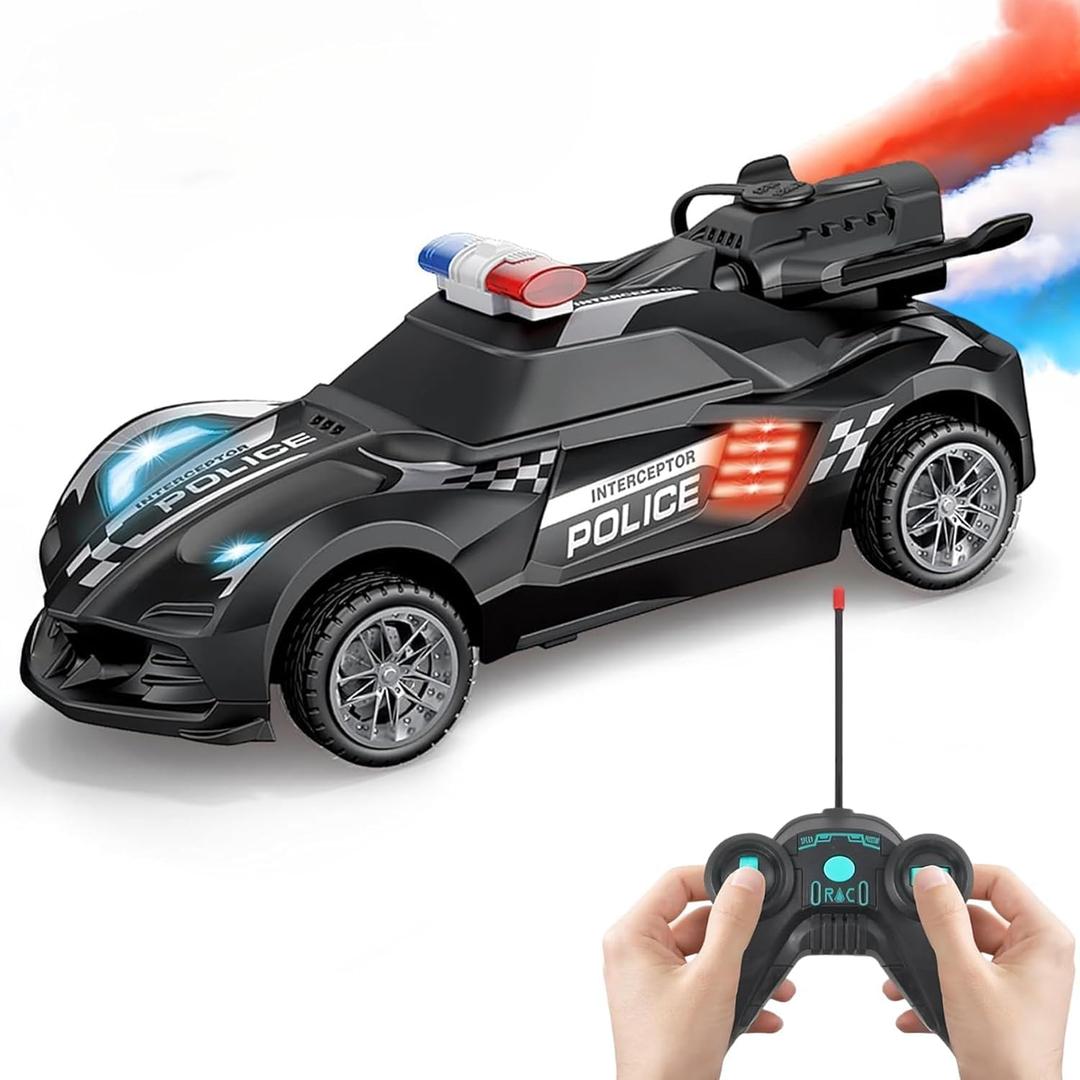 Remote Control Police Car Toy with Smoke Effect & LED Lights, Fast Rechargeable RC Car for Kids, Anti-Slip Rubber Tires, Cool Police Toys for Boys & Girls, Birthday