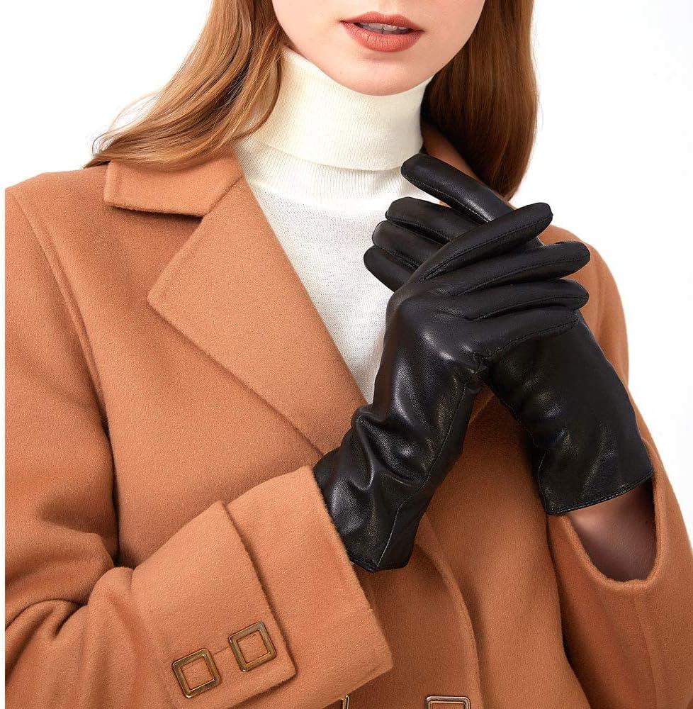 ZLUXURQ Luxury Italian Soft Leather Gloves for Women - Genuine SheepSkin Leather Womens Cold Weather Gloves Cashmere Lined (X-Small-6'')