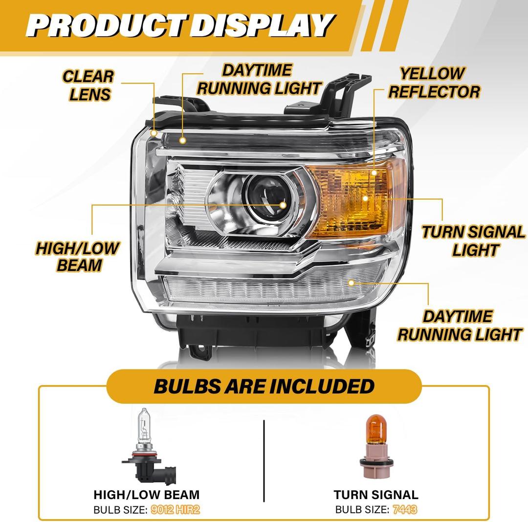 Headlight Assembly with LED DRL Compatible with GMC Sierra 2014-2018 1500 | 2015-2019 2500HD/3500HD Base/Denali/SLE/SLT, Headlamp Replacement with LED DRL, with Bulbs, Chrome Housing Amber Reflector