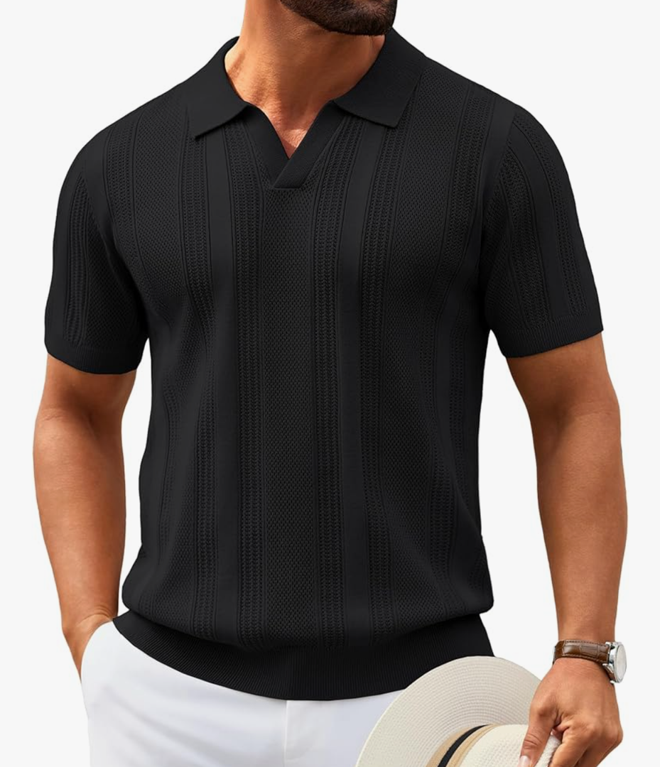 COOFANDY Mens Knit Polo Shirts V Neck Textured Polo Shirts Short Sleeve Breathable Polo Casual Collared T Shirt Fashion Tops XL