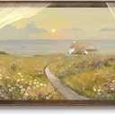 Extra Large Vintage Framed Canvas Wall Art for Living Room - Window Landscape Farmhouse Artwork Prints Nature Scenery Warm Sunset Wildflower Coastal Retro Rustic Painting Pictures for Bedroom 30x60 In