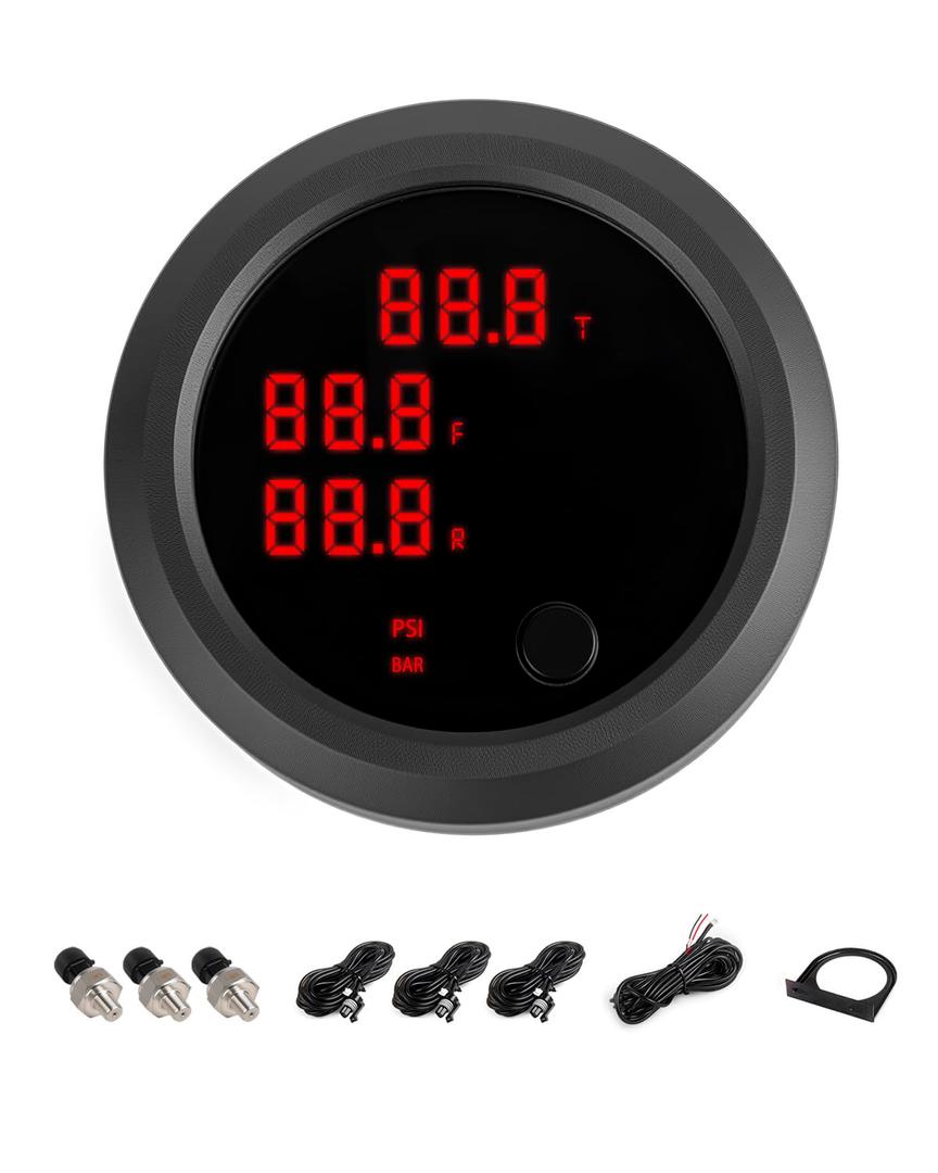 Three Display Air Pressure Gauge 232PSI LED Digital Air Ride Air Bag Suspension Press Meter 12V/24V Kit with 1/8 NPT Electrical Pressure Sensor for Air Ride Suspension Systems 2-1/16" 52mm (Red)