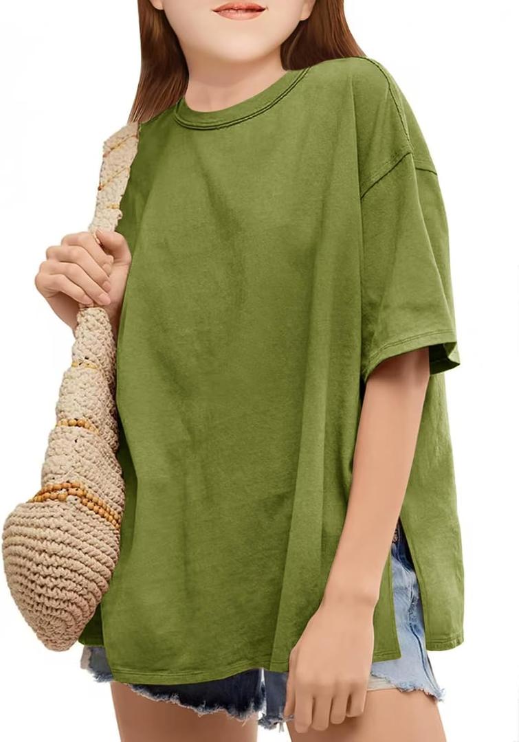 CharmWM Girls Fashion T Shirts Raw Hem Oversized Summer T Shirt Short Sleeve Tops Tees Shirt 5-14 Years (Green)