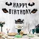3 x Halloween Birthday Banner and Cake Hat, Halloween Horror Theme Birthday Party Decorations Supplies, Black Glittery Horror Banner Used for Party Decorations