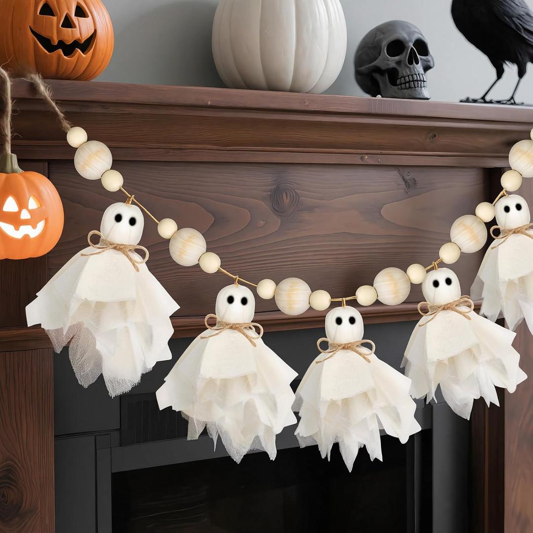 6.5Ft Halloween Ghost Garland with Wooden Beads, White Handmade Cute Ghost Decor, Vintage Farmhouse Halloween Banner Decorations Indoor for Wall, Mantle, Fireplace