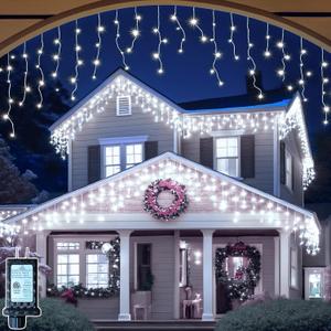 Cool White Christmas Lights Outdoor, 65ft 640 LED Icicle Lights for Outside House with Connectable Clear Wire 8 Modes Timer, Plug in Waterproof for Eaves Yard Party Indoor Holiday Decoration