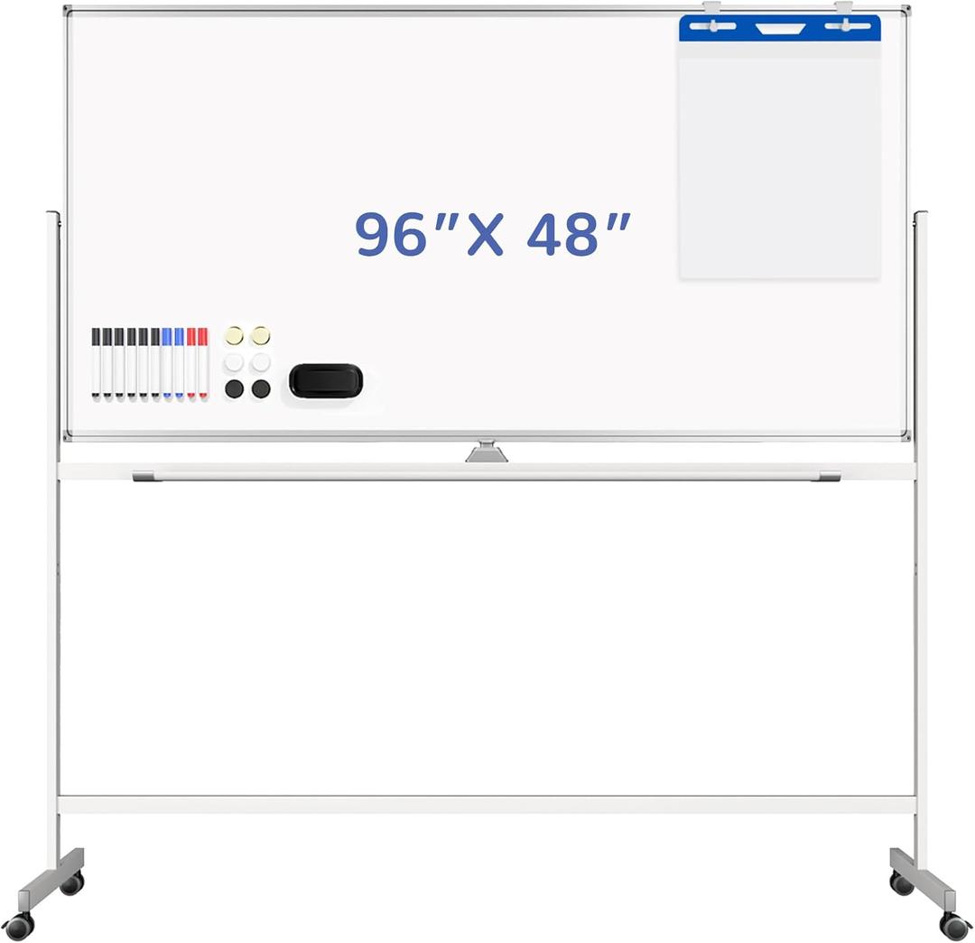 Rolling White Board on Wheels, 96" x 48" Double-Side Magnetic Dry Erase Board with Stand, Aluminum Frame Extra Large Mobile Standing Whiteboard for Office, Classroom & Home