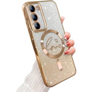 for Samsung Galaxy S23 Plus Case Magnetic,for Women Girl Soft Cute Luxury Love Heart Plating Bling Gradient Glitter Phone Case Compatible with MagSafe Clear Shockproof Back Cover 6.6-Gold