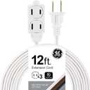GE 3-Extension Cord with Multiple Outlets 12 Ft Power Strip 2 Prong 16 Gauge Twist-to-Close Safety Covers Indoor Outlet Extender UL Listed White 51954