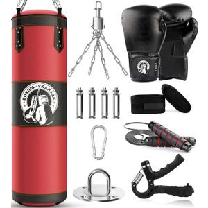 4FT Punching Bag for Adults/Kids, Unfilled Heavy Punching Bag, Boxing Bag Set with Punching Gloves, Wraps, Chain, Ceiling Hook for MMA Kickboxing Boxing Karate Muay Thai Taekwondo