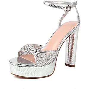 Goolita Bow Metallic Platform Heels for Women Chunky Buckle Ankle Strap Heeled Sandals Sexy Snakeskin Comfortable Party Bridal Shoes 42