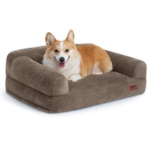 Hollypet Fluffy Plush Dog Cat Pet Couch Soft Calming Sofa Bed for Medium Small Cats and Dogs, Gray, 28"x21"x10" (Dark Brown)