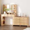 Makeup Vanity Desk with Mirror and Lights, Vanity Desk with 8 Drawers & Storage Shelves, Vanity Table with Power Outlet, 3 Color Modes & Adjustable Brightness Dressing Table, Bedroom,Oak2 (15.75D*40-68W*55.91H, Wood)