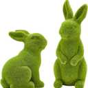 2PCS Easter Rabbit Decoration Green Moss Plush Rabbit Artificial Sculpture Green Plush Rabbit Resin Ornament Spring Garden Decoration Easter Gift Easter Decoration (Small 2PCS Standing+Sitting)