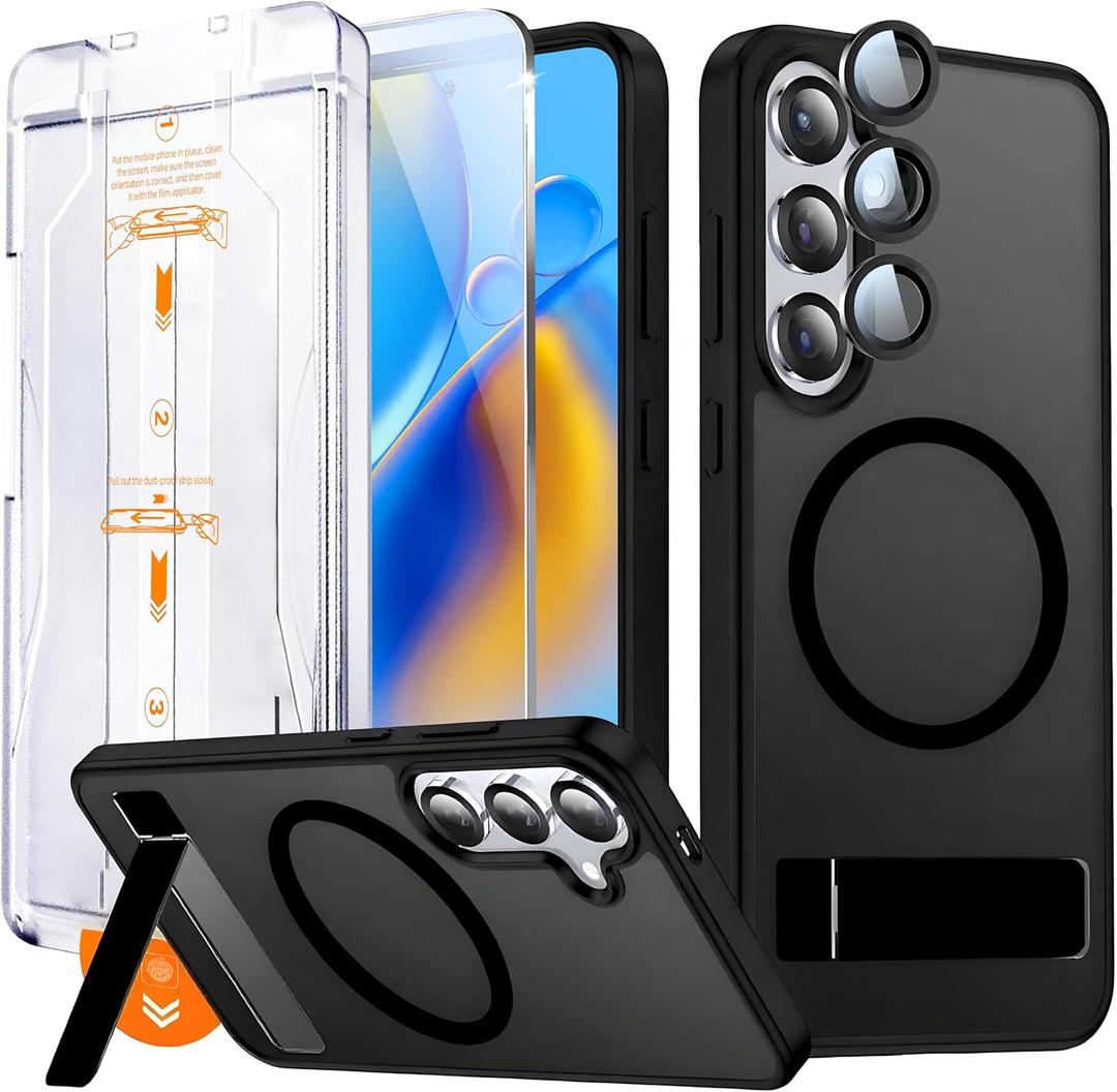 Strong Magnetic for Samsung Galaxy S25 Case with Screen Protector + Lens Protector, Fit for MagSafe,Mil-Grade Drop Protection, Seamless Stand, Translucent Black