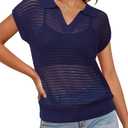 Arach&Cloz 2025 Womens Crochet Cap Sleeve Sweater Vest Knit Tops Spring Summer Shirts Lightweight Collared Hollow Out Casual Blouses Pullover Navy S (S)
