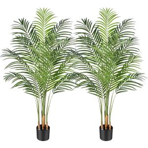 5ft Artificial Palm Tree Indoor Plant Tall Fake Tropical Paradise Palm Tree in Pot with Real Bark Design Faux Areca Palm Tree for Home Office Living Room Bedroom Farmhouse Modern Decor 2pcs