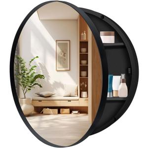 24 Inch Round Medicine Cabinet with Mirror,Farmhouse Black Bathroom Medicine Cabinet for Wall Metal Framed, Surface Mount Only Circular Storage Cabinet with Vanity Mirror