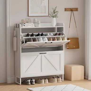 EOYUTLLY Shoe Cabinet Storage for Entryway, Narrow Shoe Rack Cabinet with 2 Flip Drawers, Freestanding Hidden Shoe Rack Storage Organizer (Without Light,White)