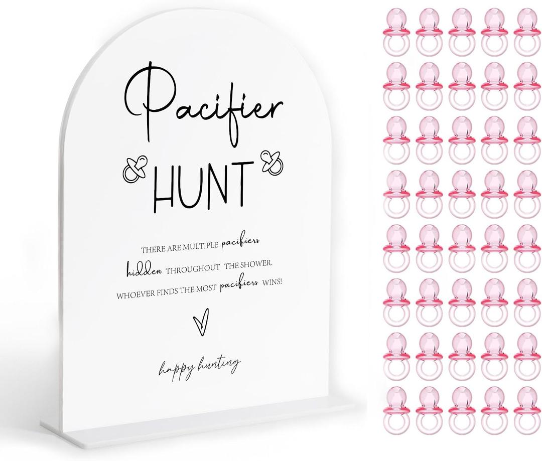 Pacifier Hunt Baby Shower Games Sign, White Arch Acrylic Wedding Sign and 50 Pcs Pacifiers, Neutral Baby Shower Decoration, Gender Reveal Party Tabletop Decor, Newborn Announcement Party Favors-31