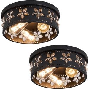 12.6 inch Black Flush Mount Ceiling Light Fixtures, 3-Light Ceiling Mount for Industrial, Crystal Light Fixtures for Farmhouse, Bedroom, Living Room, Kitchen, Hallway and Foyer (2 Pack)