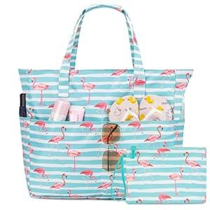 KABAQOO Extra Large Beach Bag Waterproof Sandproof Women Beach Tote with Zipper & Wet Compartment for Pool Gym Grocery Travel (Blue White Stripes)