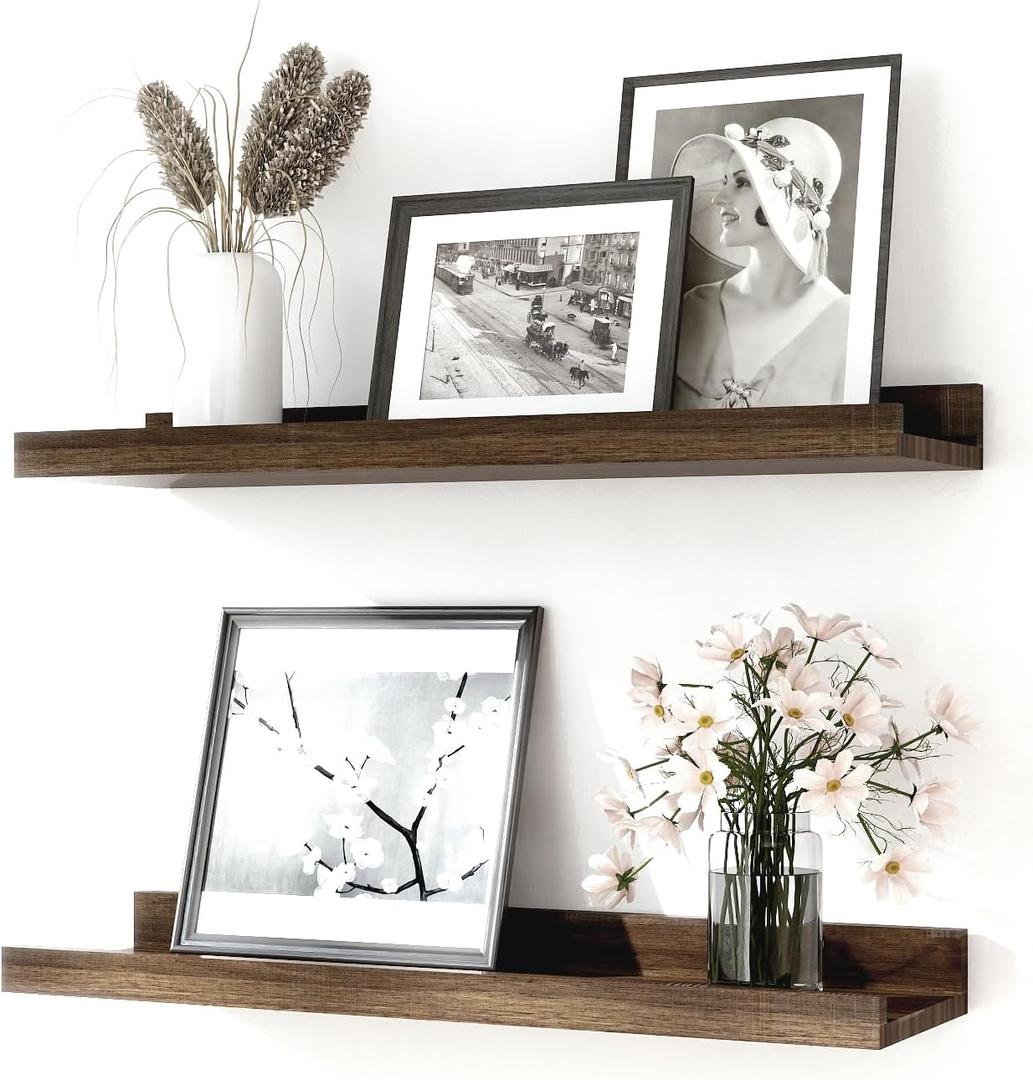 Floating Shelves for Wall Decor, Wall Mounted Wood Storage Shelf for Bedroom, Living Room, Bathroom, Kitchen, Nursery, Rustic Display Picture Ledge Shelf with Lip Set of 2-16 Inches, Walnut