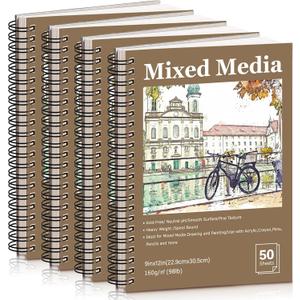 4 Pack Mixed Media Sketchbook, 9x12 inches Drawing Paper Sketch Book, 98lb/160gsm Heavyweight Spiral Bound Sketch Pads, Suitable for Arist, Drawing, Painting, Sketching(200 Sheets) (landscape)