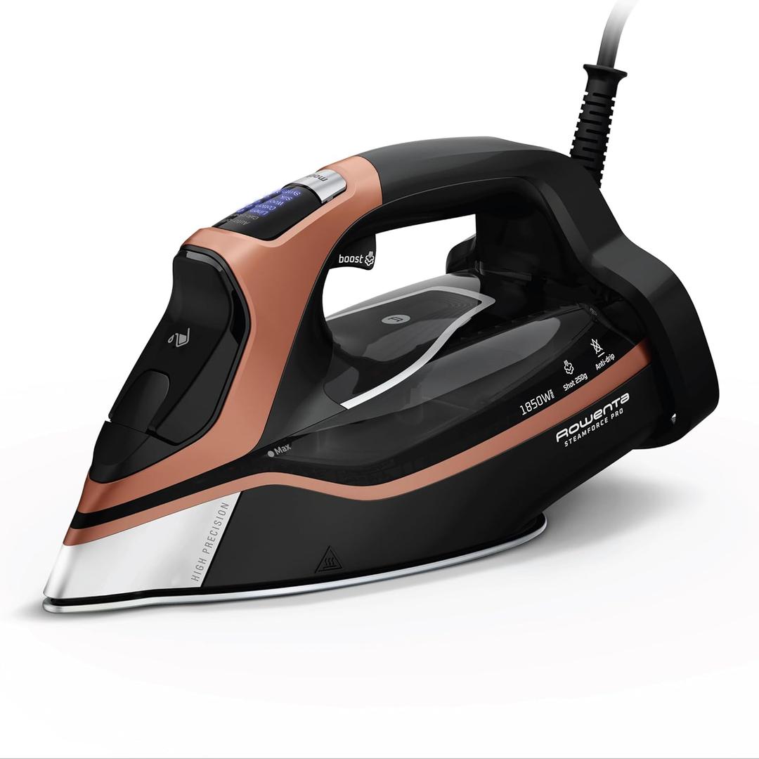 Rowenta Iron Steam Force Pro Steam Iron for Clothes, 1850 Watts, 5 Presets Smart Screen, Stainless Steel Soleplate, HighEfficiency Handheld Steamer Ironing, AntiDrip Protection, Black Copper, DW9580