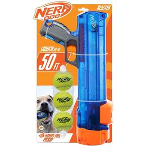 Nerf Dog Tennis Ball Blaster Dog Toy Gift Set, Tennis Ball Dog Fetch Toy Launches up to 50 ft, Dog Ball Thrower for All Breeds Includes Translucent Blue Tennis Ball Launcher and 3 Dog Tennis Balls (4 Piece Set)