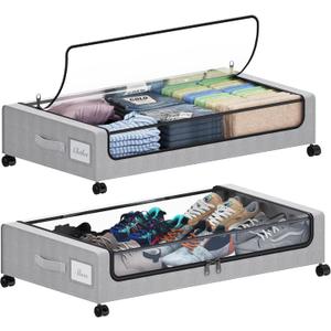 Under Bed Storage with Wheels, XXL 60L Under the Bed Storage Bins, Underbed Storage Containers with Lids & Label, Rolling Metal Drawer for Shoes, Clothes, Books, Toys (2-Pack Gray)